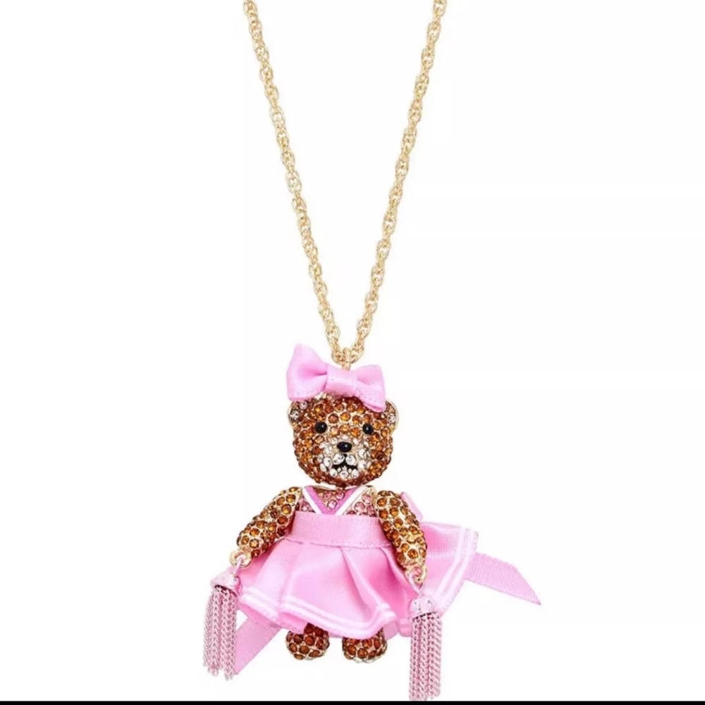 Betsey Johnson Rhinestone Pink Football Cheerleader Bear Long Pendant Necklace